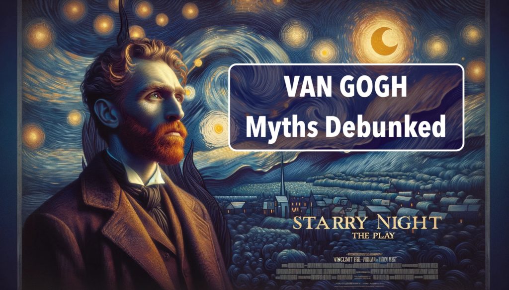 Theatrical poster for a dramatic play titled 'Starry Night' with Vincent staring at words: VAN GOGH: Myths Debunked. The background is a swirling, abstract depiction of the night in Vincent's style.